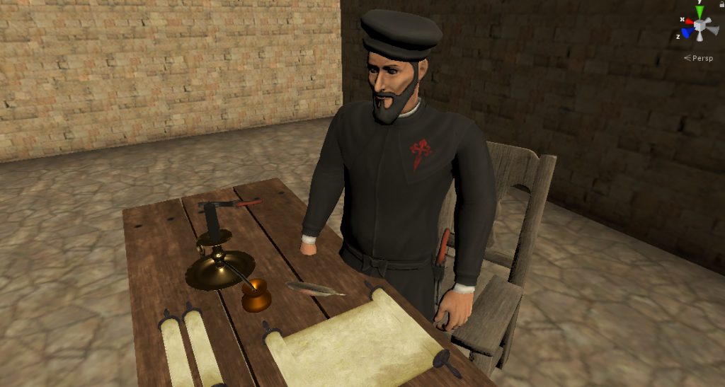 3D environment with man standing with a desk with parchment. 