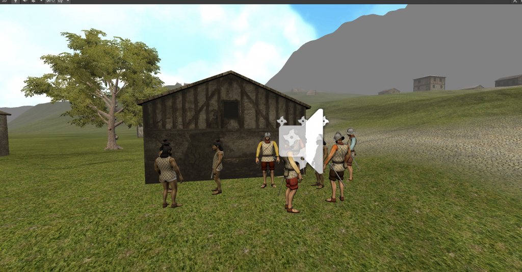 Screenshot in game engine with indigenous people and Spanish soldiers. 