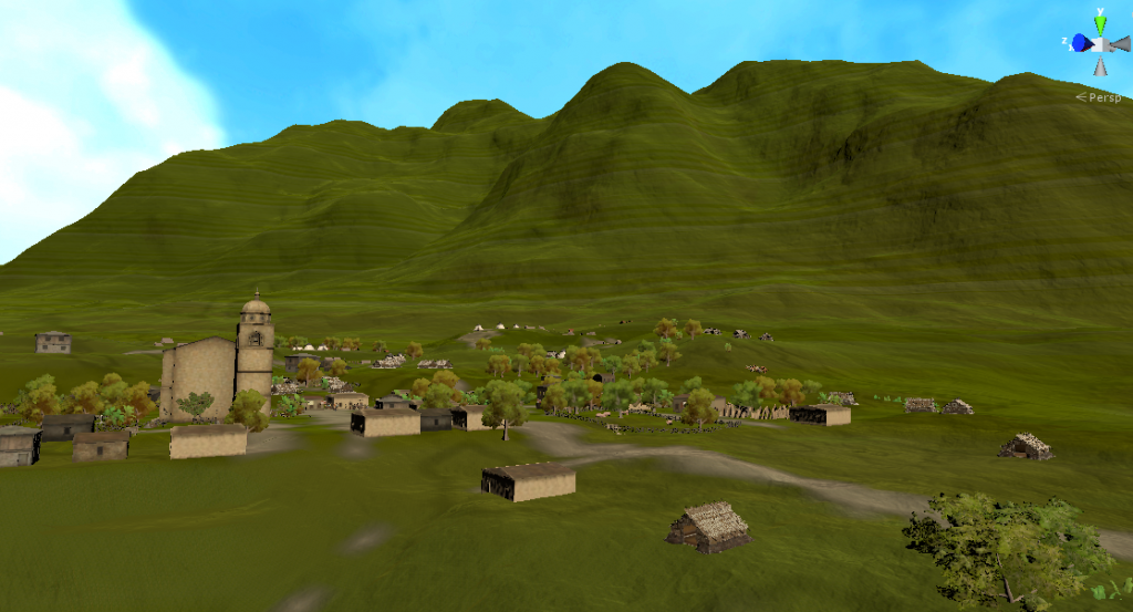 3D environment of small town with mountains in background. 