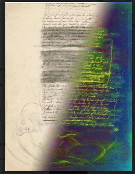 a hand written literary text in verse with sketch of a female nude. The text has been rubbed out. MSI results in fluorescent contrasting colors are included on the bottom right to show the visual, non-invasive content recovery possible