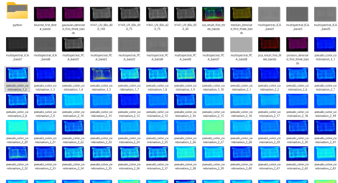 a screenshot of MSI files in varying bandwidths. Each tile features an image of a processed document with slightly different colors and contrast.